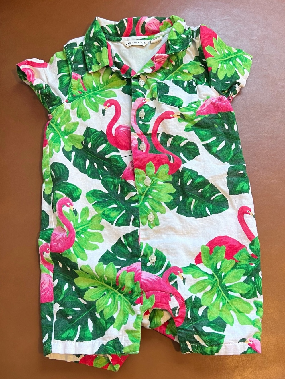 Janie and Jack Flamingo Palm Leaf Linen Blend One-Piece Romper 12-18 Months